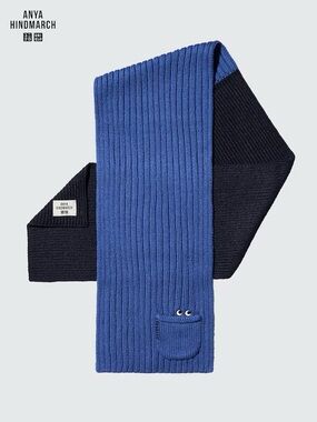 Anya Hindmarch X Uniqlo Ribbed Knit Scarf In Black & Blue With Pocket (LIKE NEW)